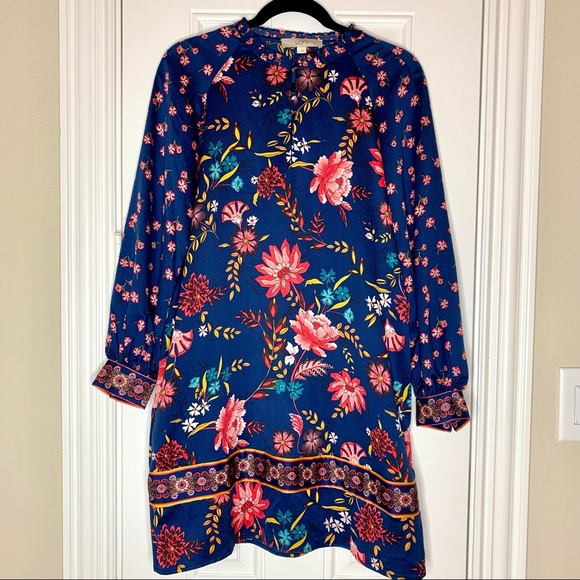 ❌DONATED❌ LOFT ANN TAYLOR Blue Silk Satin Floral Print Long Sleeve Shift Dress - Picture 3 of 8